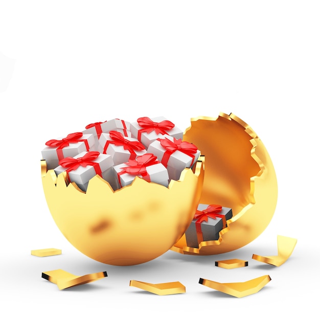 Broken golden Easter egg with gift boxes