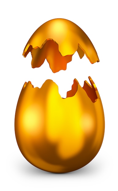 Photo broken golden egg on a white fone.3d render.