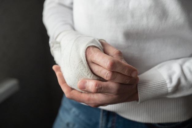 Photo the broken hand of a man in a cast