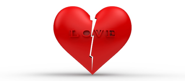 Broken Heart, 3d rendering red heart and letter LOVE is broken on isolated white background 