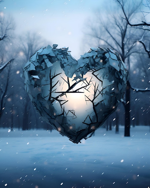 Broken heart on the background of the winter forest 3d rendering