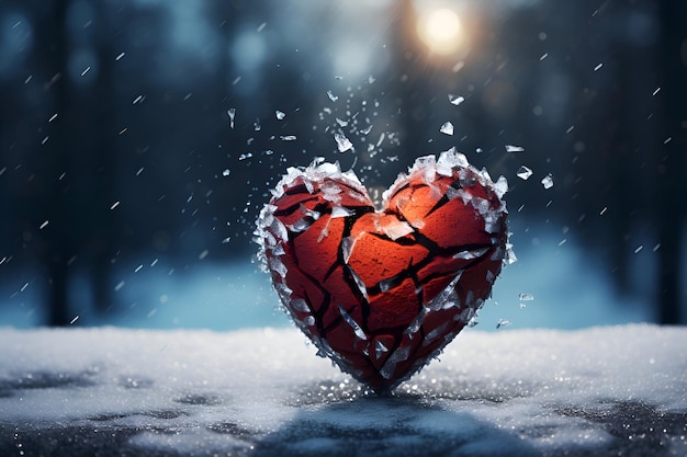 Broken heart on a background of a winter landscape Love concept