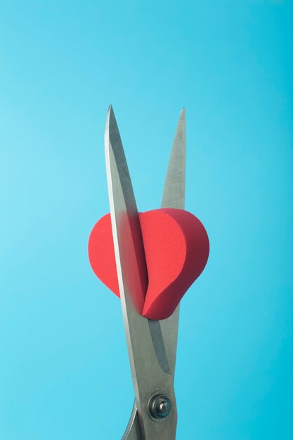 Broken heart cut with scissors on a colored background. Unhappy love