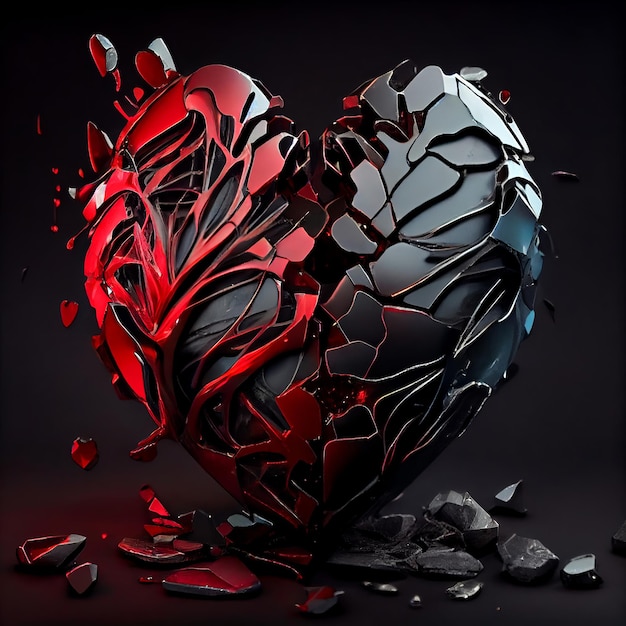Broken heart made of ruby and black diamond isolated on black background