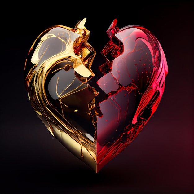 Broken heart made of ruby and gold isolated on black background