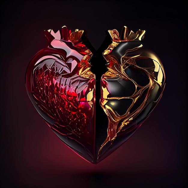 Broken heart made of ruby and gold isolated on black background