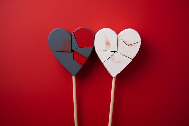 Photo broken heart shaped lollipops on red background top view