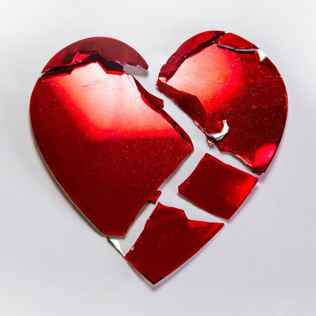 Photo a broken heart in shiny red cracked heart into pieces isolated in a white background with room for y