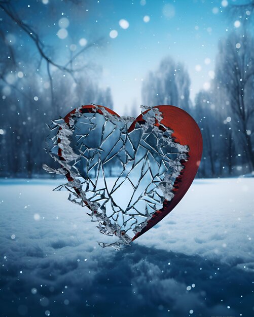 Photo broken heart on a winter forest background 3d rendering