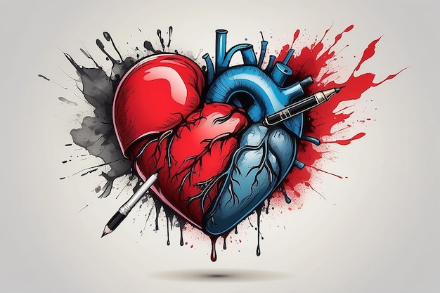 Фото Разбитое сердце с карандашом и чернилами рисует иллюстрацию на цветном фоне