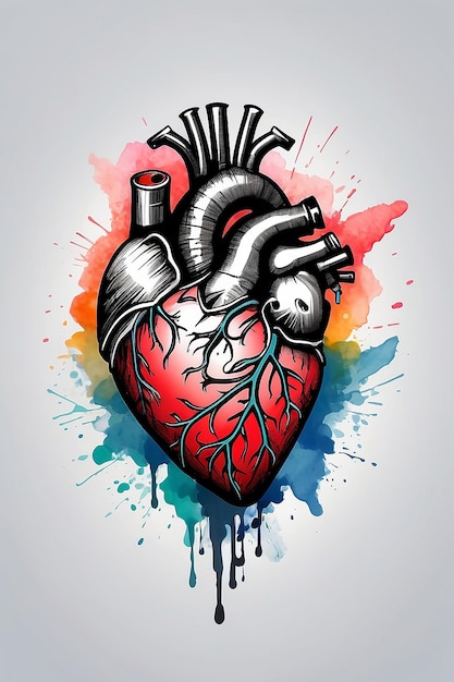 Broken heart with pen and ink drawing illustration style on color background