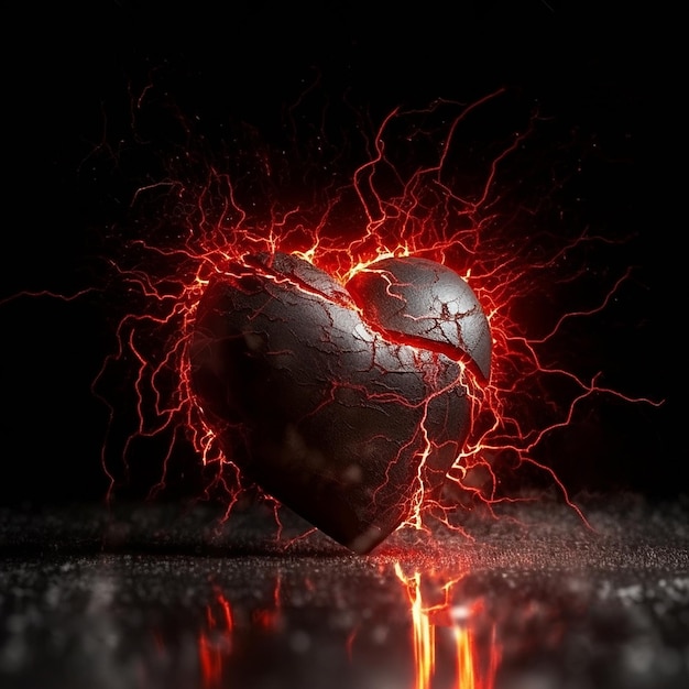 Broken heart with red fire flash separation and divorce love and emotion relationship concept