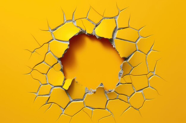 Foto un buco rotto in una parete gialla.