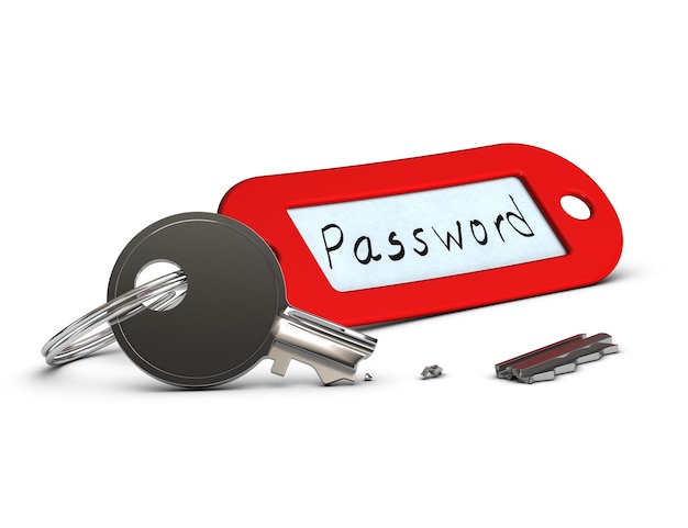Chiave rotta con un portachiavi rosso e la parola password su sfondo bianco
