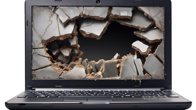 сломанный ноутбук с сломанным экраном, показывающим сломанное окно.