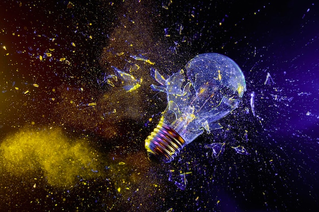 Broken light bulb on black. high speed photography.