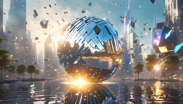 写真 壊れた鏡のボールは未来的な都市のコンフェッティと火花の反射で