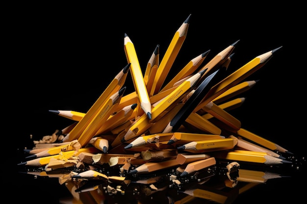 Broken and missing tipped pencil among grouped pencils on black backdrop