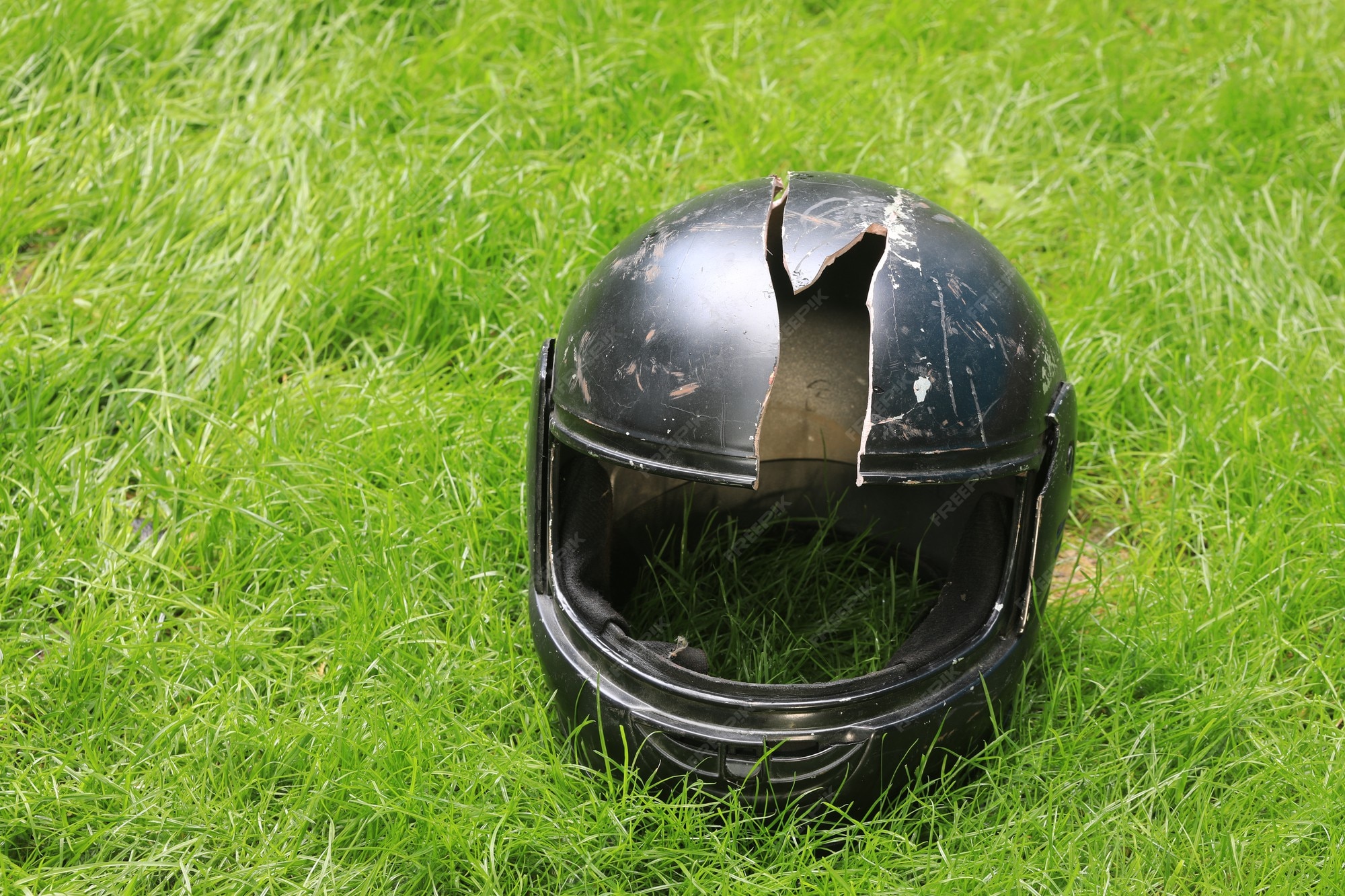 Premium Photo | Broken motorcycle helmet on the ground