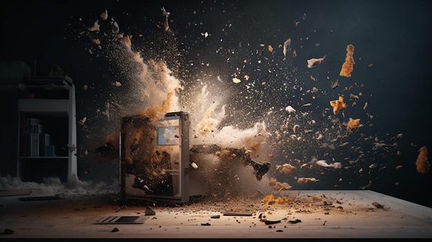 A broken phone is surrounded by a explosion of fire.