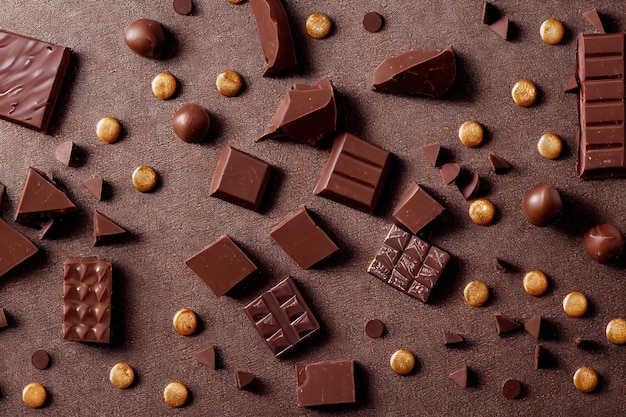 Broken pieces of chocolate with drops of caramel on brown background