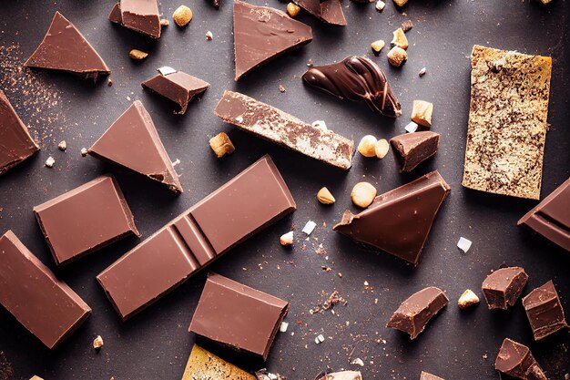 Broken pieces of milk chocolate and crumbs with nuts on dark
background