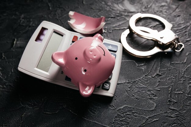 Broken piggy bank calculator and handcuffs corruption and fraud\
bankruptcy or lost of savings