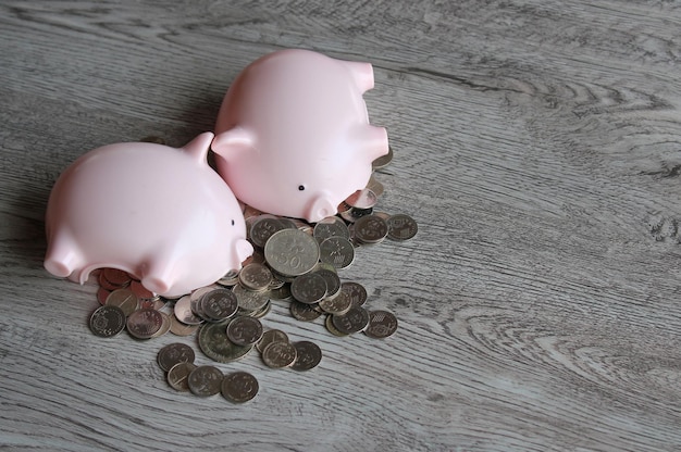 Broken piggy bank and coins on wooden table with copy space
financial concept