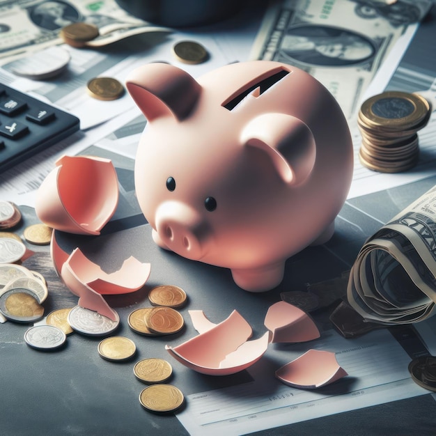 Broken piggy bank financial crisis