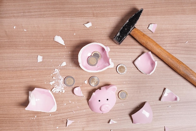 Broken piggy bank smashed into pieces with hammer and small chan