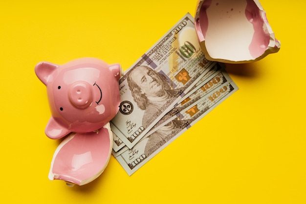 Broken piggy bank with dollar banknotes on a yellow background