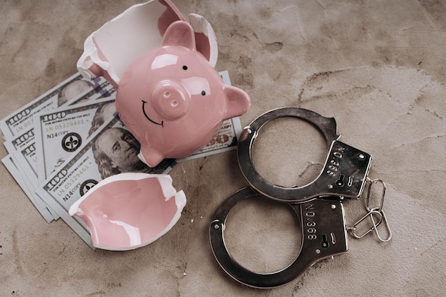 Broken piggy bank with handcuffs bankruptcy or lost of savings
crime and fraud