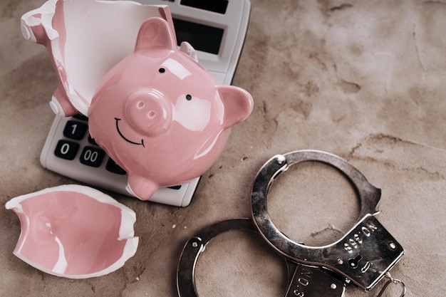 Broken piggy bank with handcuffs Closeup Bankruptcy or lost of savings crime and fraud