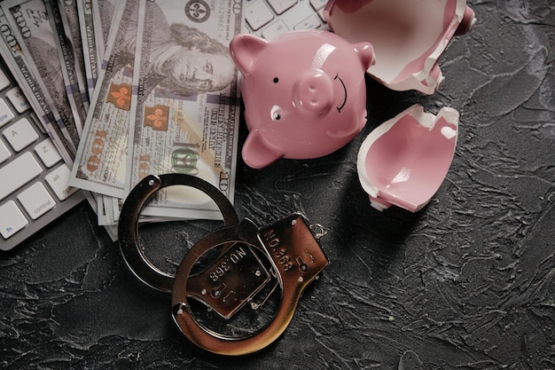 Сломанные свиные наручники и деньги на клавиатуре Концепция киберпреступности Банкротство или потеря сбережений