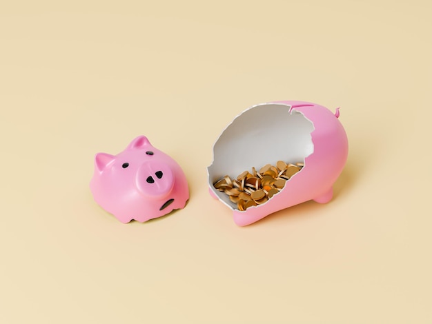 Photo broken pink piggy bank with coins inside on a yellow background 3d rendering