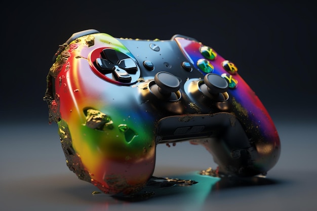 A broken playstation controller with a rainbow colored controller in the corner.