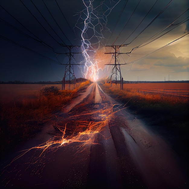 Photo broken power line on ground with sparks due to lightning and rain