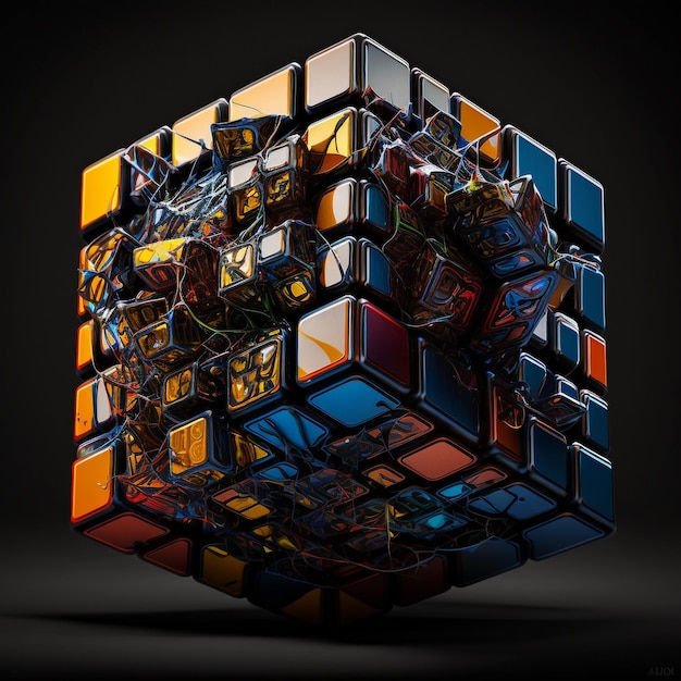 Broken puzzle cube on dark background