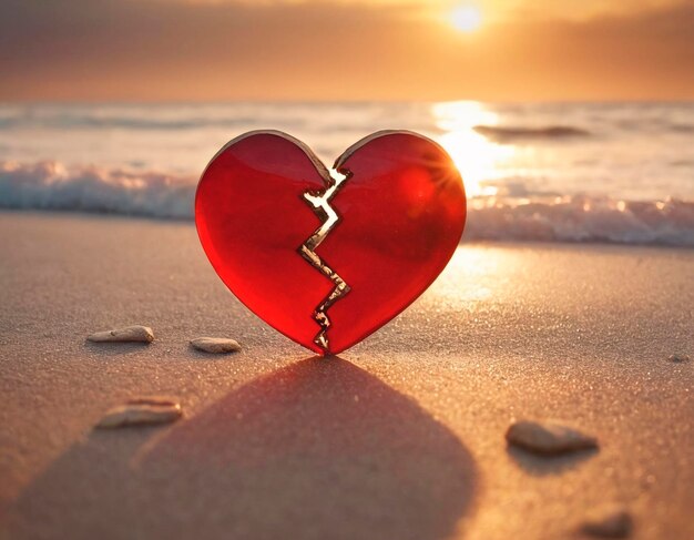 Photo a broken red heart sitting in the sand