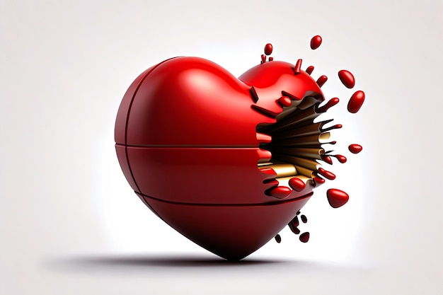 Broken red heart with a bullet hole on white background Generative AI