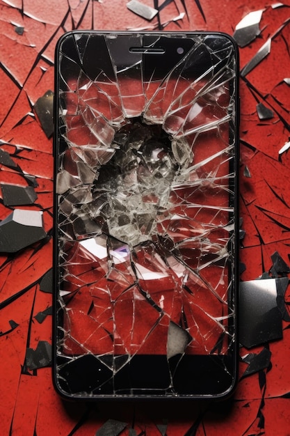 Фото Сломанный смартфон с треснувшим экраном на полу, созданный с помощью генеративного ии