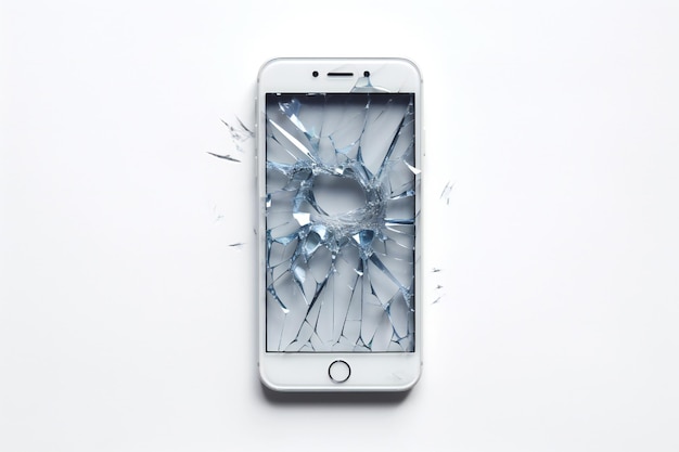 Broken smashed smartphone on white background Generative AI