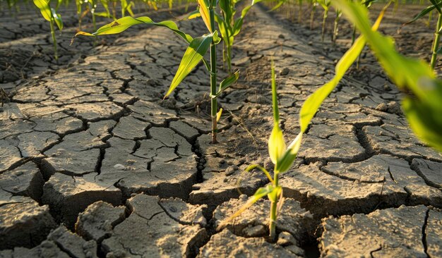 Broken soil with dry corn plants growing in it showing the effects of heat on water scientists and agricultural vegetation