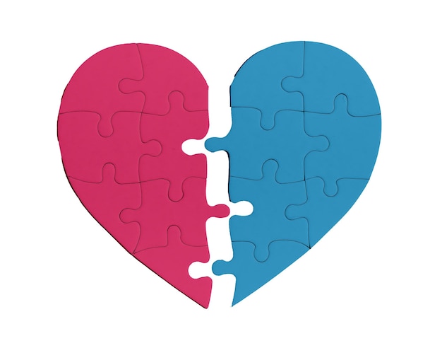 Broken split heart puzzle Divorce breakup end of romance concept Two pink and blue pieces