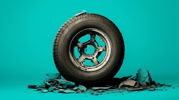 Фото Разбитая шина проколенный фон колеса автомобиля с пространством для копирования