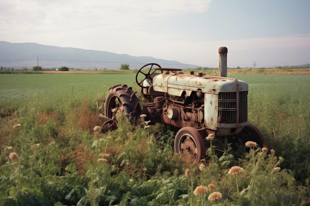 Broken tractor beside thriving crop field created with generative ai