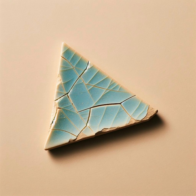 A broken triangular shard piece of light blue pottery