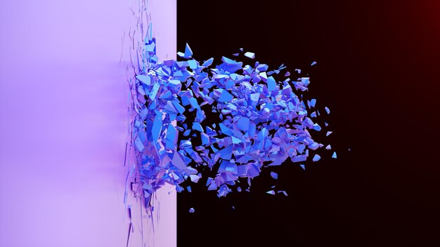 Broken wall dark pastel-violet color. Wall shatters into thousands of small pieces. Abstract destroyed background. Explosion, destruction, broken dark pastel-violet color wall, 3D illustration