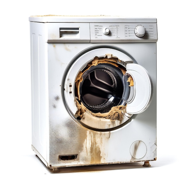 Broken washing machine on white background