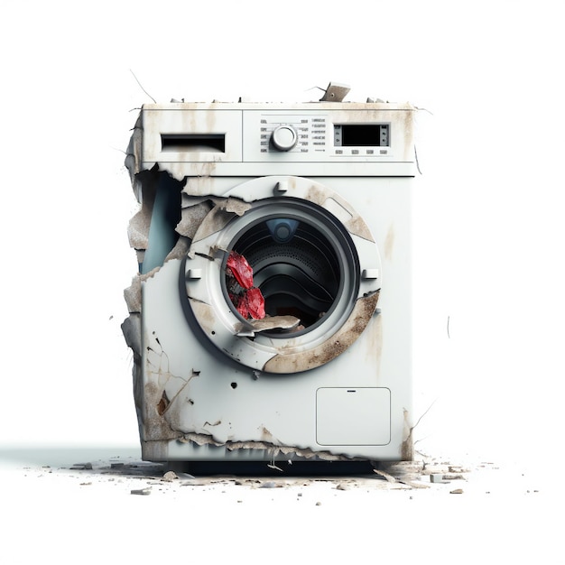 Photo broken washing machine on white background